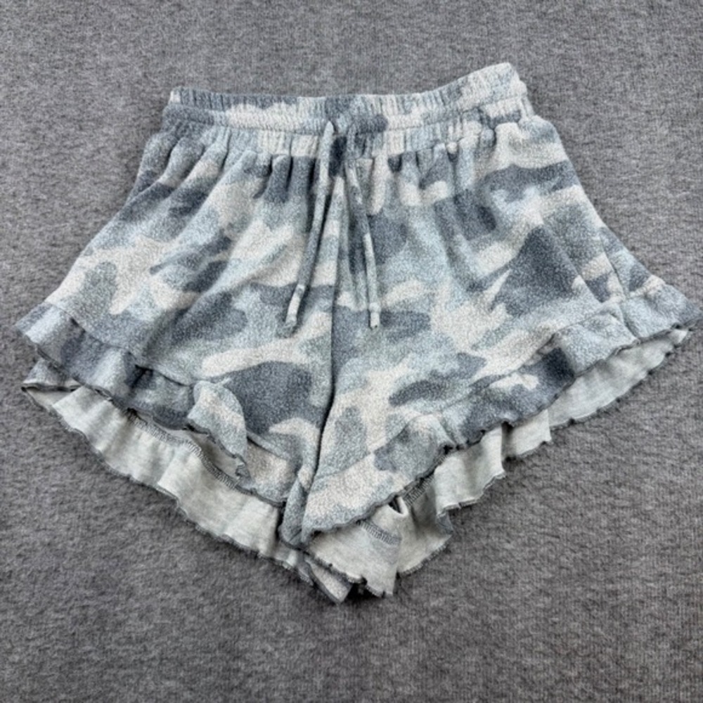 Altar'd State Camo Lounge Shorts Women's Medium Grey Ruffle Hem Drawstring Sleep